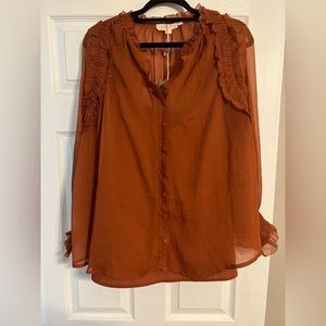 Anthropologie Rust Blouse with Ruffle Details